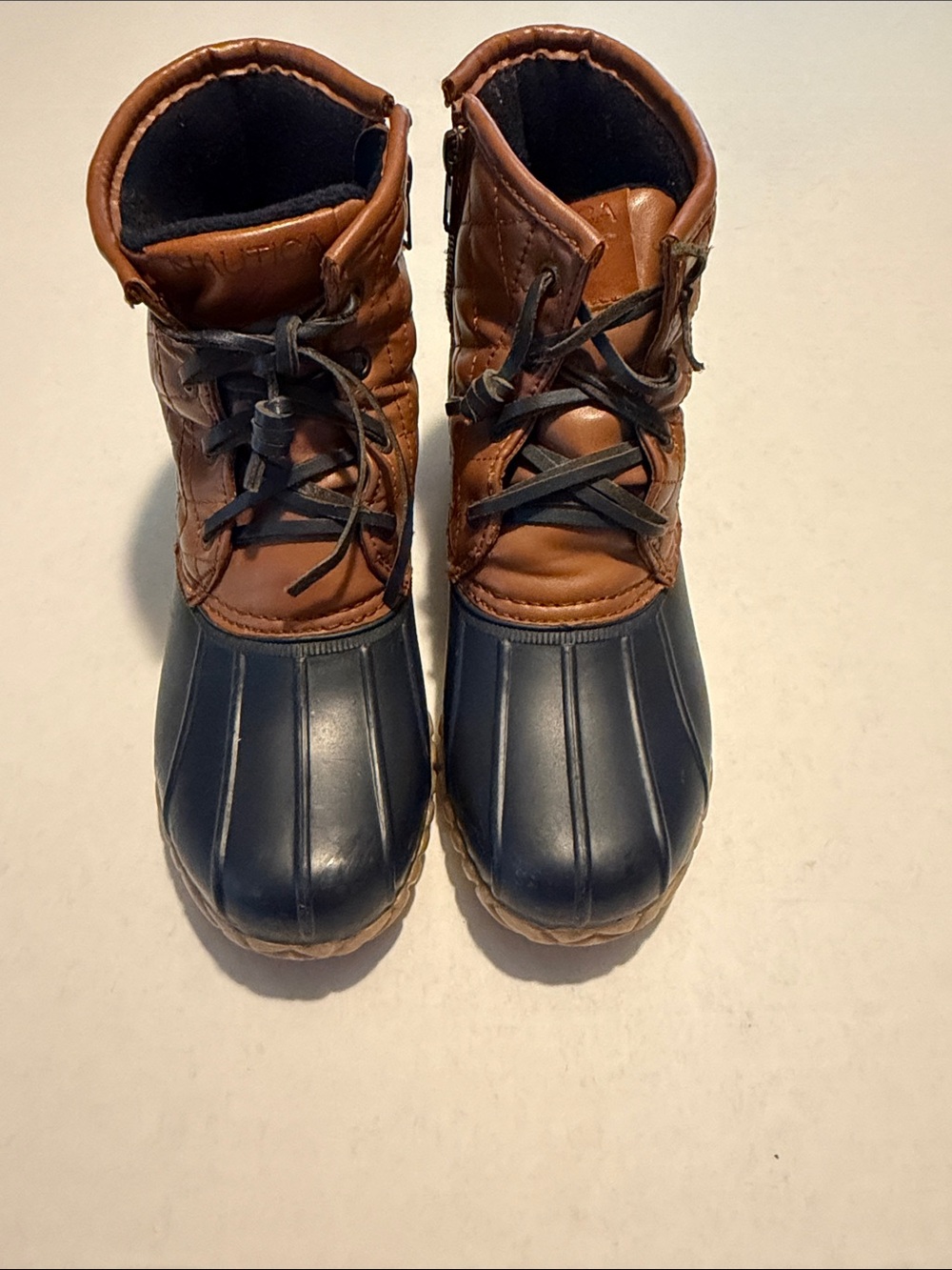 Nautica Brown Leather and Navy Rubber Duck Boots , size 7